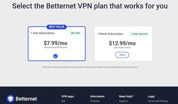 Betternet VPN Plans and Pricing